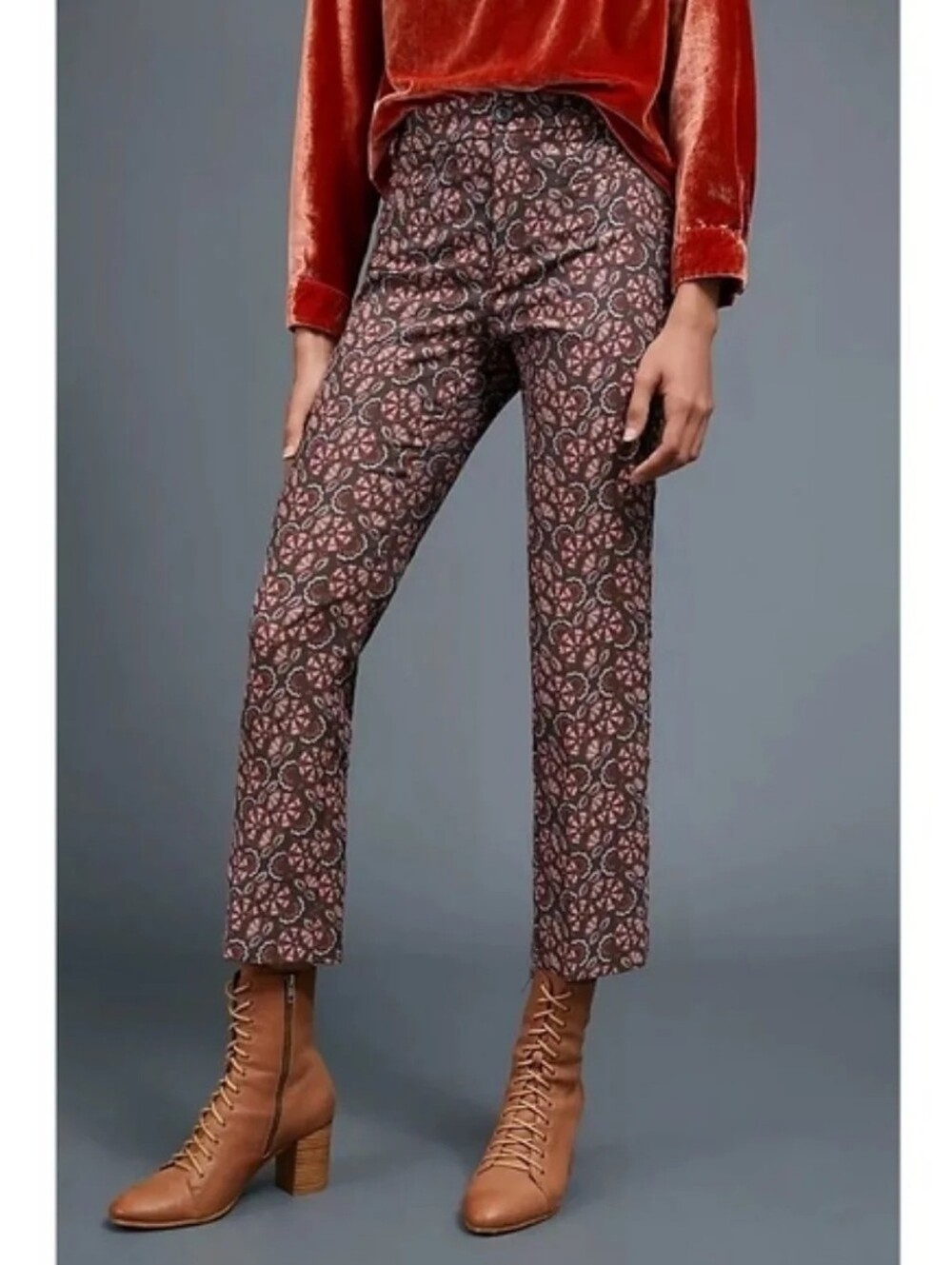 Anthropologie The Essential Slim Brown Floral Jacquard Ankle Length Pant Size 4